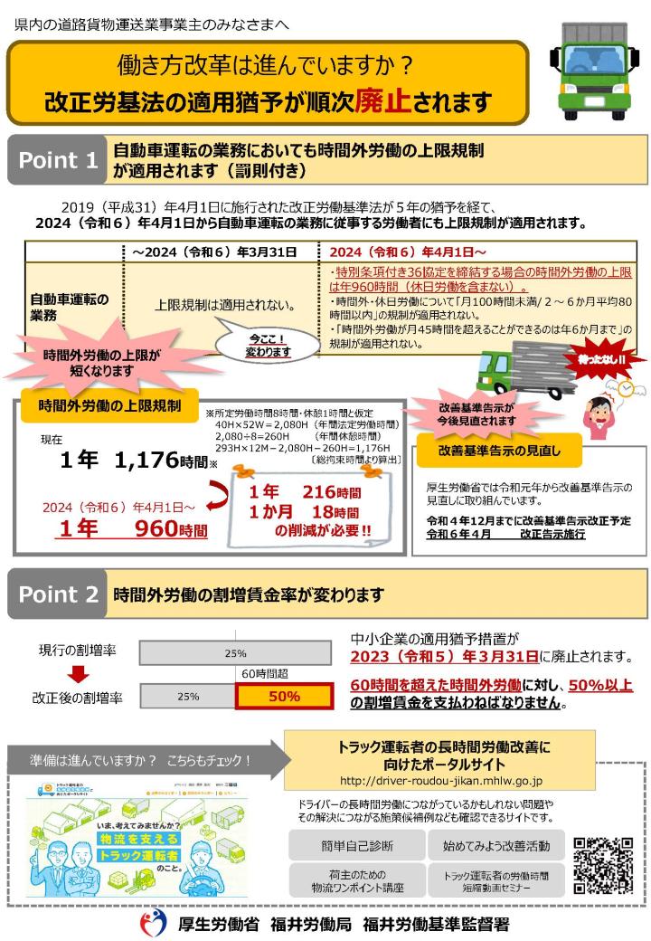 自動車運転の業務に対する時間外労働の上限規制について | 福井県トラック協会